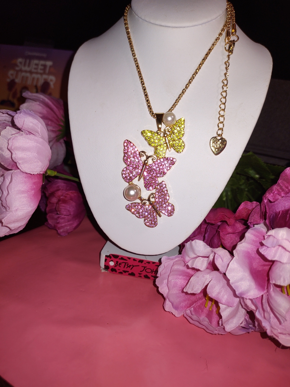 Betsey Johnson Gold-Plated Pink & Gold Butterfly Pendant Necklace